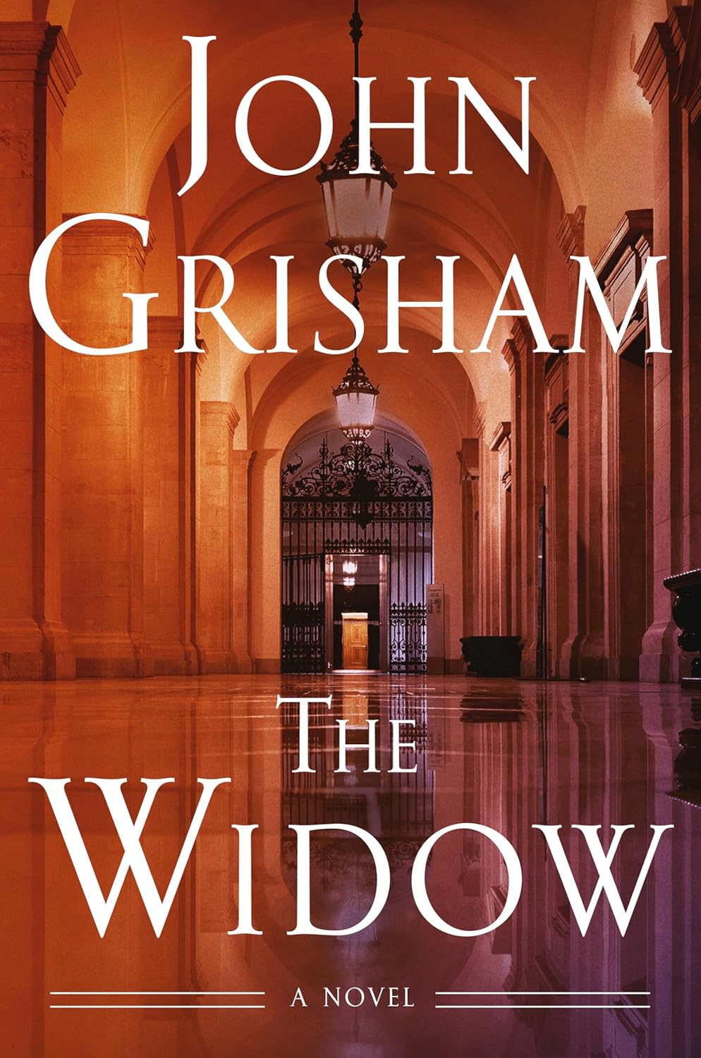 John Grisham The Widow ebook download cover featuring an arched hallway with warm lighting